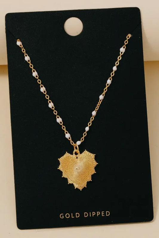 Gold Dipped Bead and Chain Heart Pendant Necklace, White