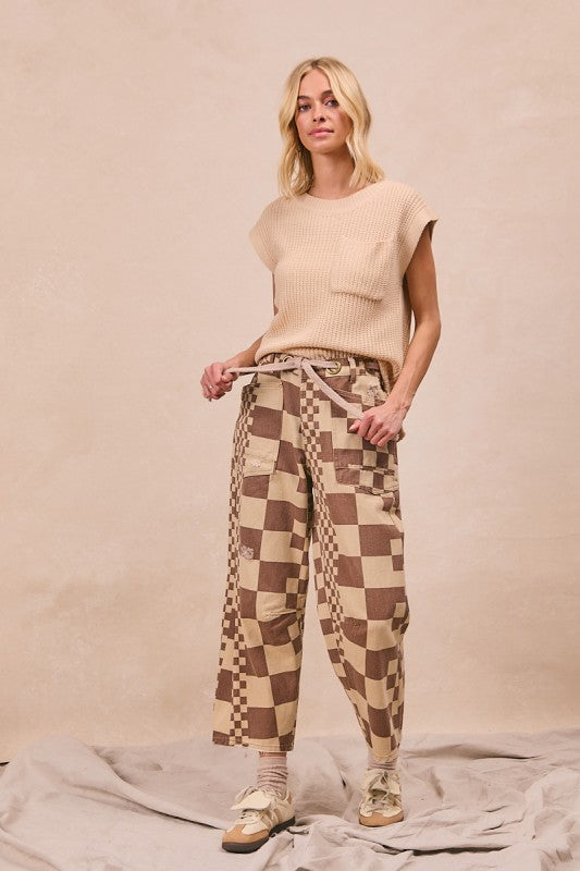 Born For Bold Washed Checker Board Printed Braided Waist Belt Pants