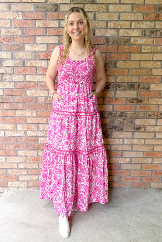 Bouquet of Bliss Smocked Floral Print Tiered Maxi Dress, Pink