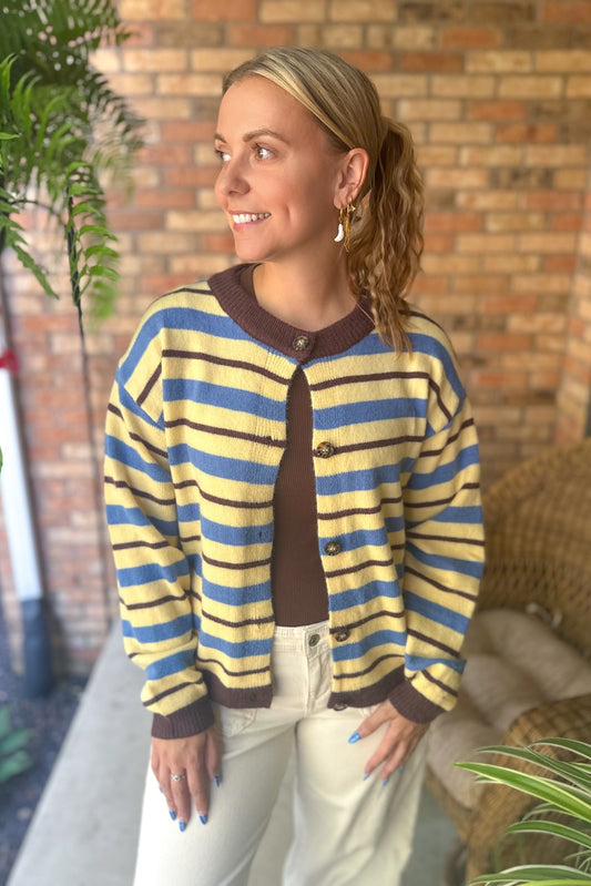 Don't Dream It's Over Striped Button Down Sweater Cardigan, Lemon/Multi