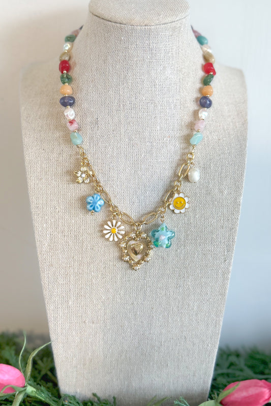Daisy Mae Beaded Charm Necklace, Gold