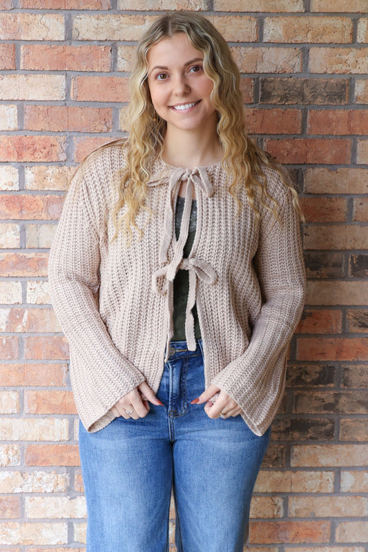 Tell Me More Loose Gauge Knit Tie Front Sweater, Latte