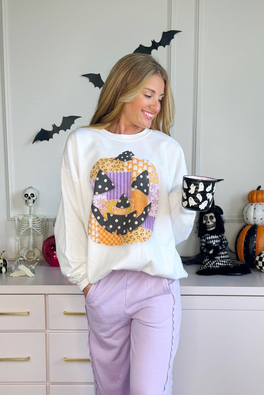 Patchwork Jack O Lantern Crewneck, Cream