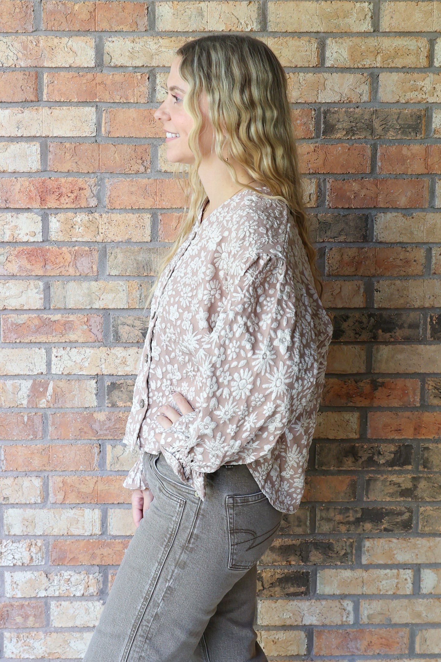 Beauty Beyond Compare Floral Pattern Button Down Top, Mocha Brown