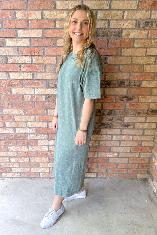 Carefree Mineral Washed Casual Comfy Midi Dress, Sage