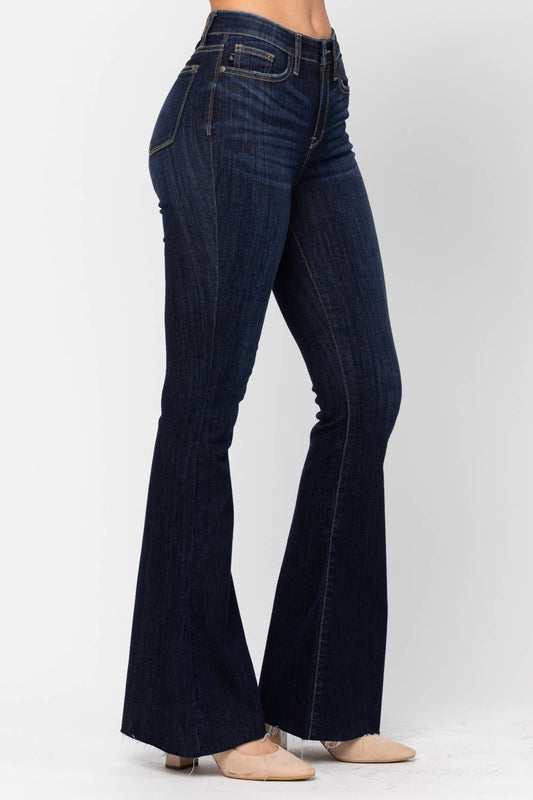 High Waisted Raw Hem Flare Judy Blue Jeans, Dark Wash