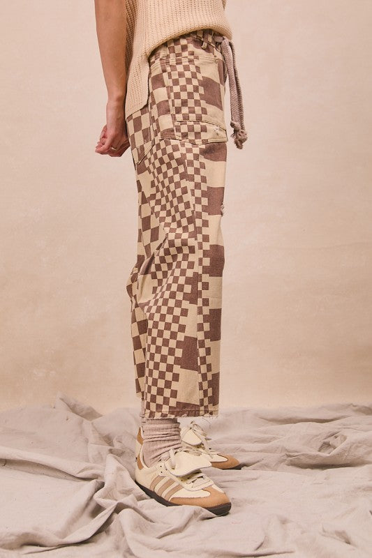 Born For Bold Washed Checker Board Printed Braided Waist Belt Pants