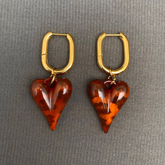 Sasha Acrylic Leopard Heart 18K Gold Plated Stainless Steel Huggie Earrings, Gold