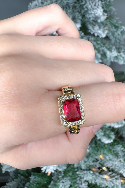 Vintage Copper Cuban Chain Large Jewel CZ Ring, Red