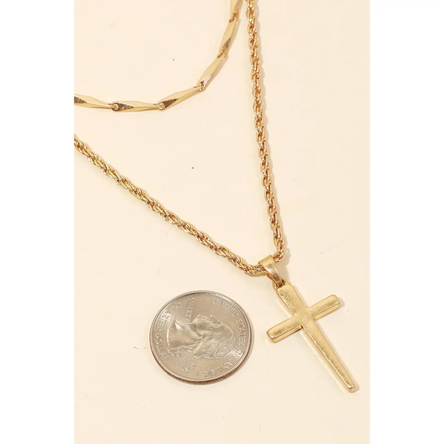 Cross Pendant Layered Chains Necklace, Gold