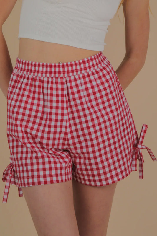 Check Me Out Side Bow Detail Checkered Shorts, Red
