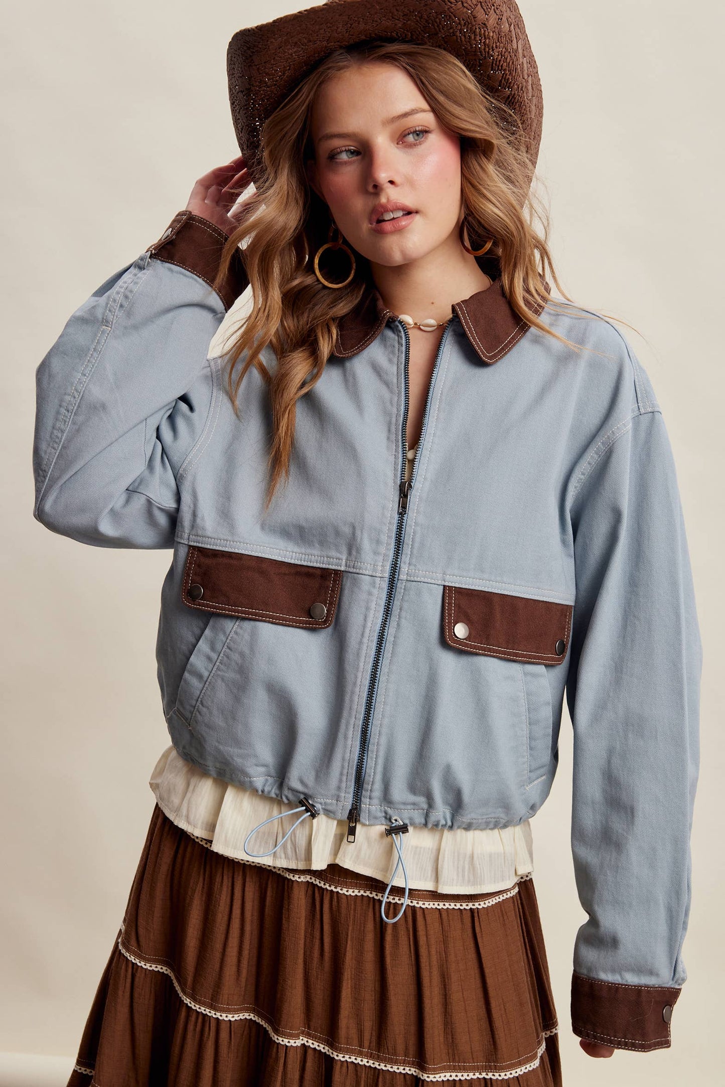 The Scenic Route Contrast Trim Western Utility Jacket, Dusty Blue