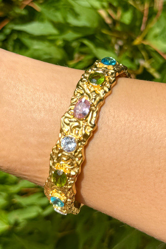 Mira Inlaid Colored Zircon 18K Gold Plated Stainless Steel Hammer Texture Cuff, Gold