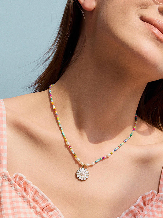 Fleur 18K Gold Plated Stainless Steel Boho Daisy Beaded Necklace