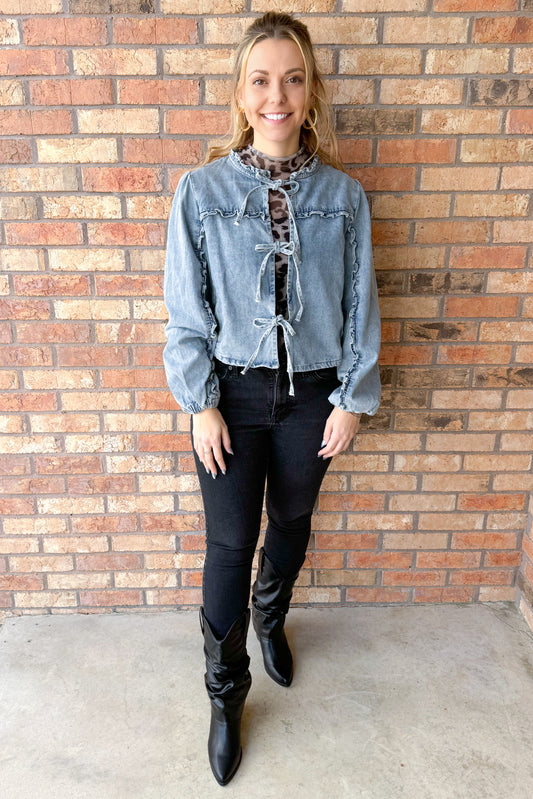 Talk Later Ruffle Yoke Sleeve Tie Front Denim Jacket, Light Wash