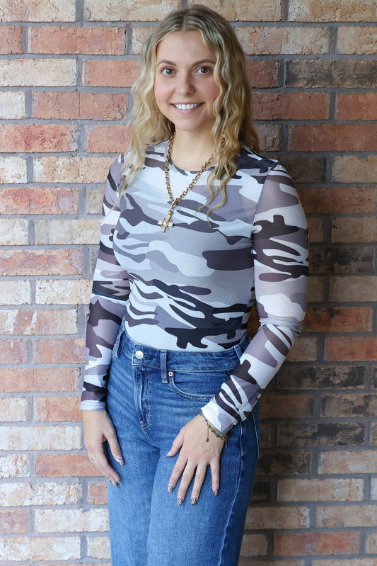 Hidden Agenda Camouflage Print Mesh Top, White/Black/Grey