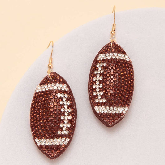 Two-Tone Rhinestone Pave Football Dangle Earring, Brown