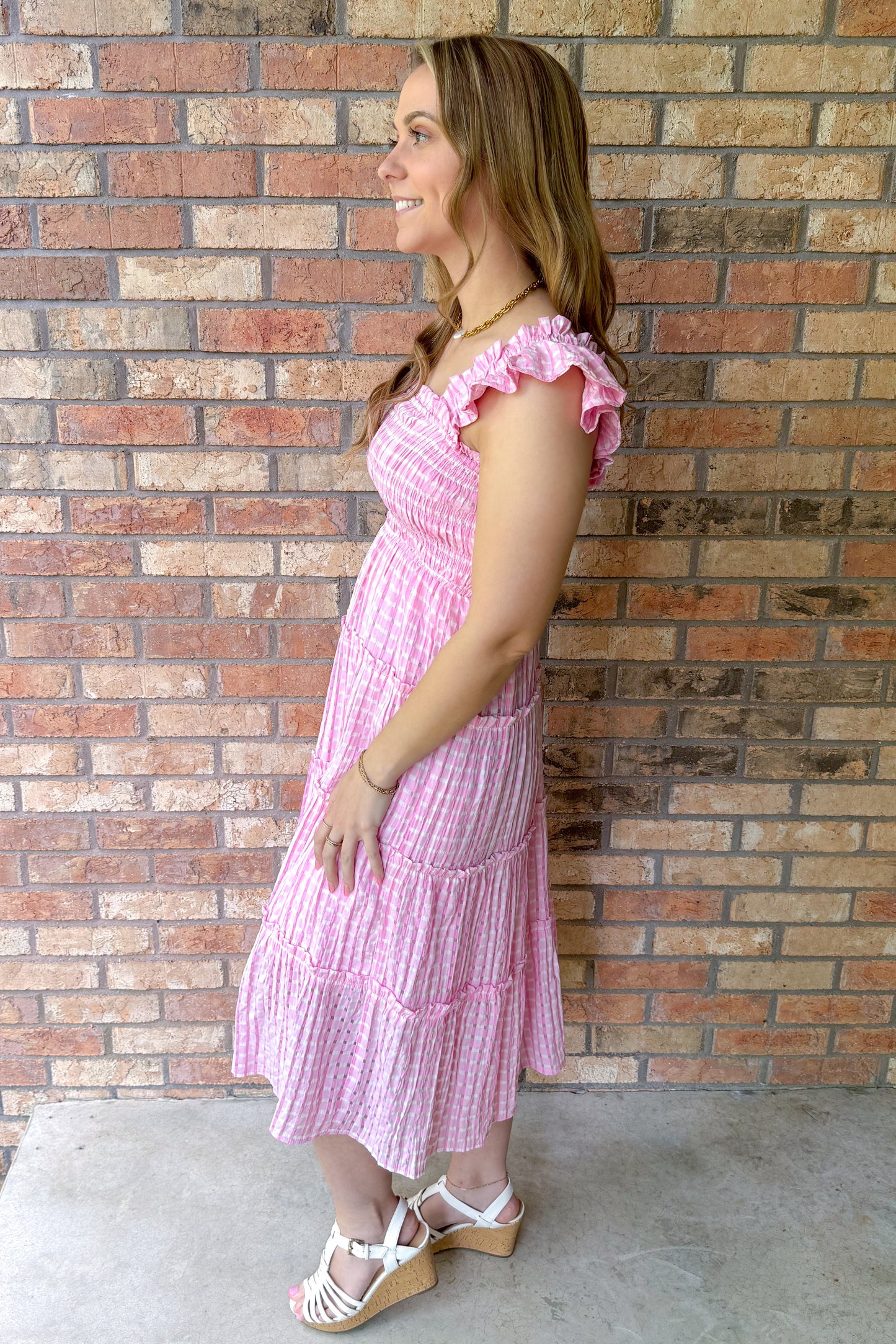 Leading Lady Checkered Seersucker Dress, Pink