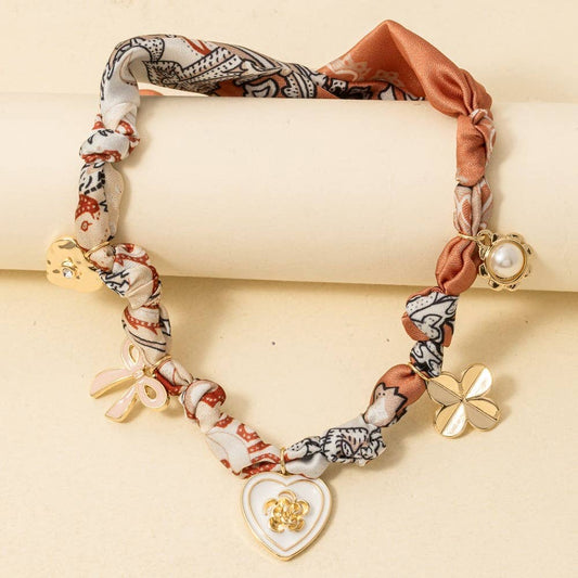 Enamel Heart And Ribbon Bow Charms Bandana Knotted Necklace, Gold