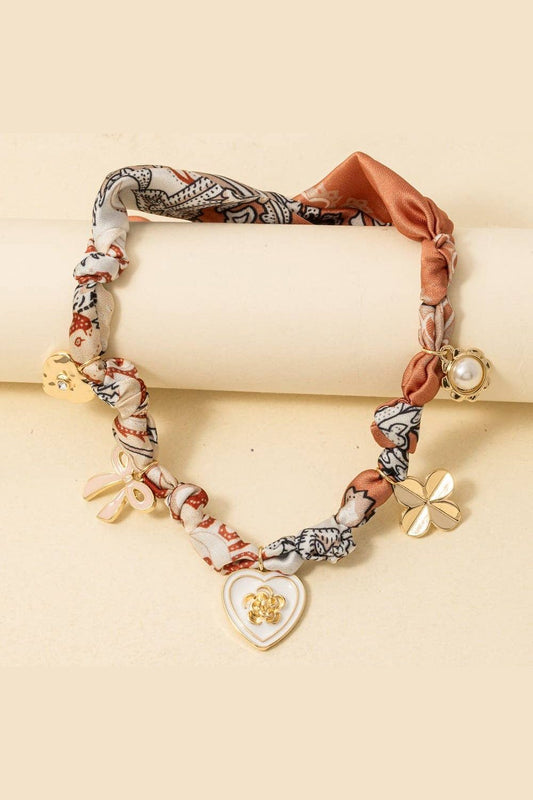 Enamel Heart And Ribbon Bow Charms Bandana Knotted Necklace, Gold