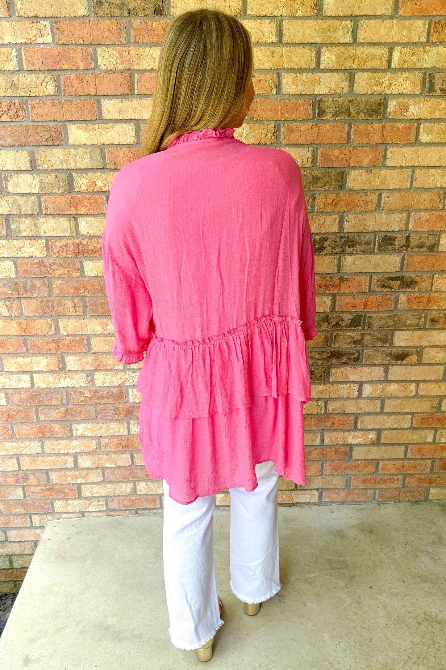 Keep you close Semi Sheer Ruffled Cardigan, Barbie Pink