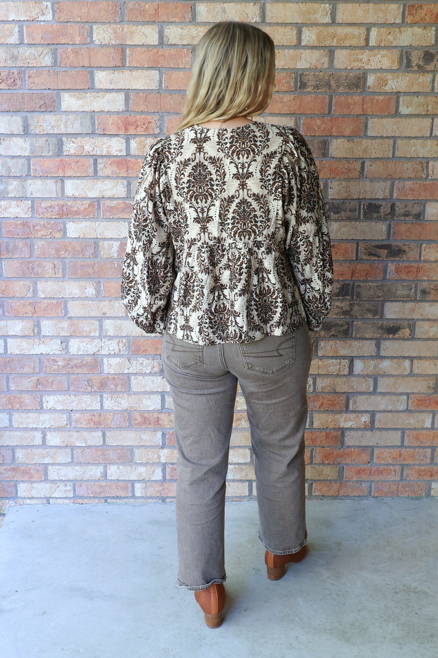 Since You've Been Gone Front Tie Balloon Sleeve Top, Tan/Brown