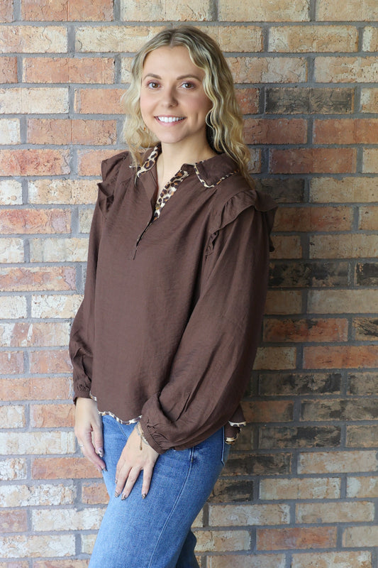 Wild Nature Ruffle Shoulder Button Down Leopard Trim Top, Brown