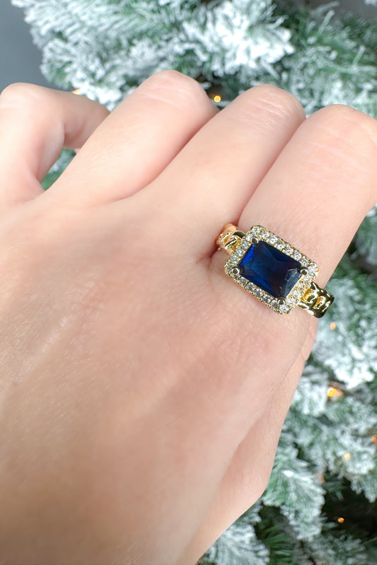 Vintage Copper Cuban Chain Large Jewel CZ Ring, Blue