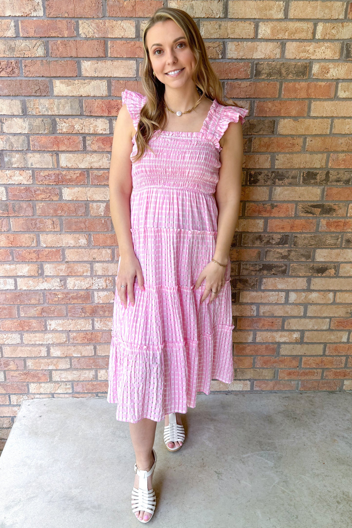 Leading Lady Checkered Seersucker Dress, Pink