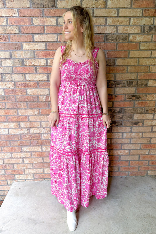 Bouquet of Bliss Smocked Floral Print Tiered Maxi Dress, Pink