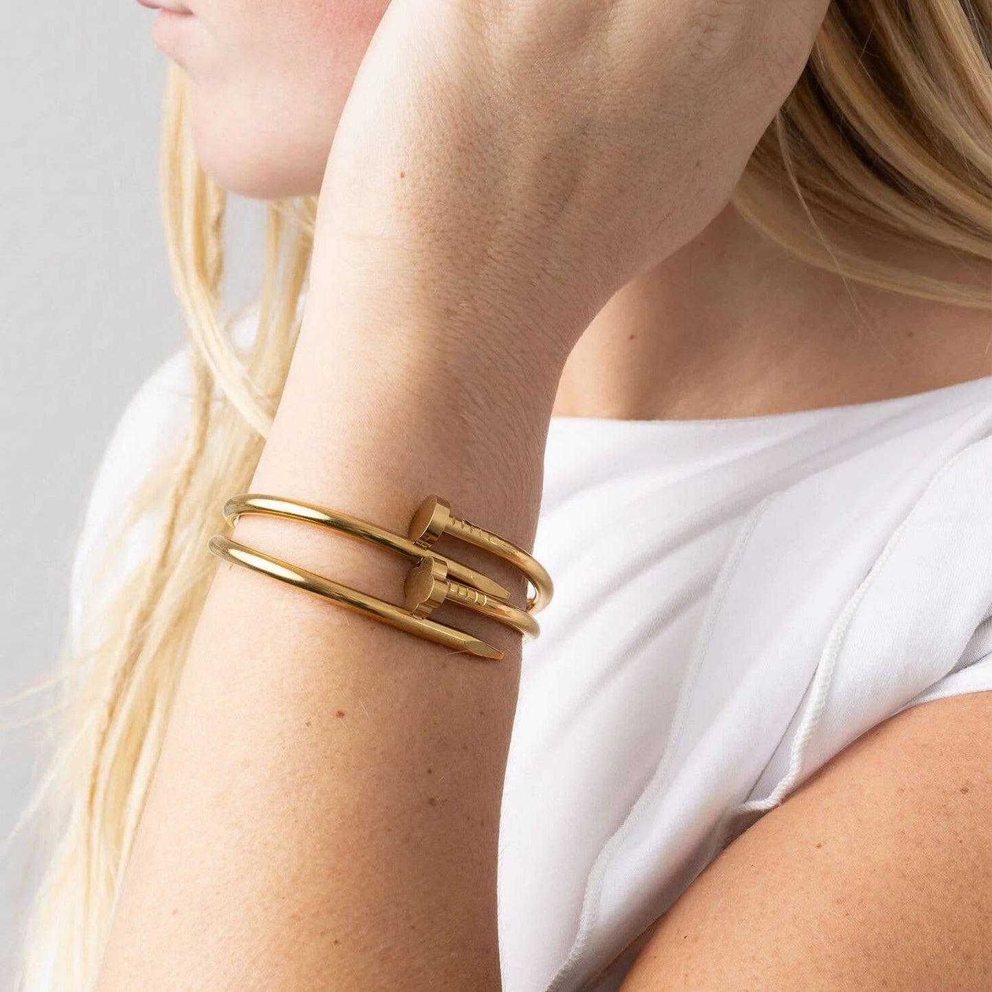 Stevie 18K Gold Plated Stainless Steel Nail Bangle, Gold (Round Nail Head)