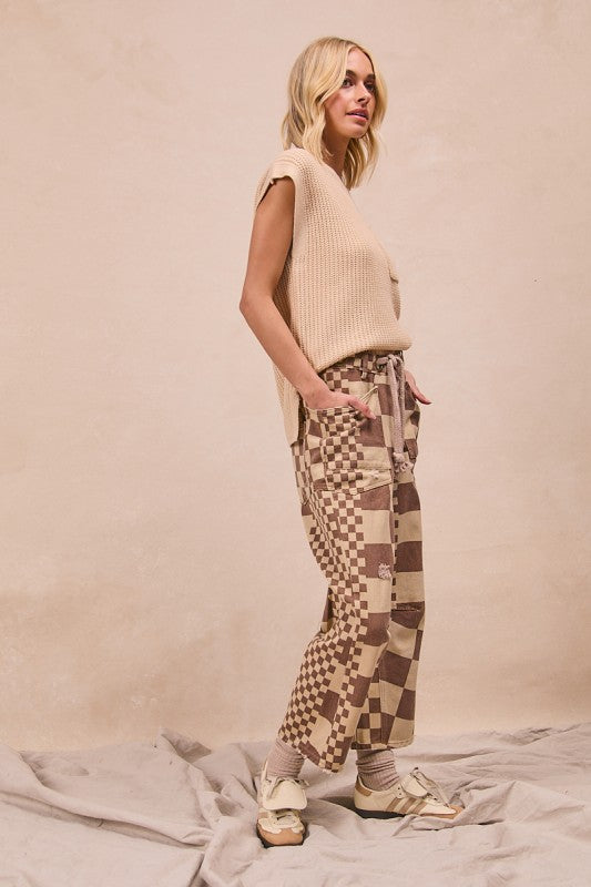 Born For Bold Washed Checker Board Printed Braided Waist Belt Pants
