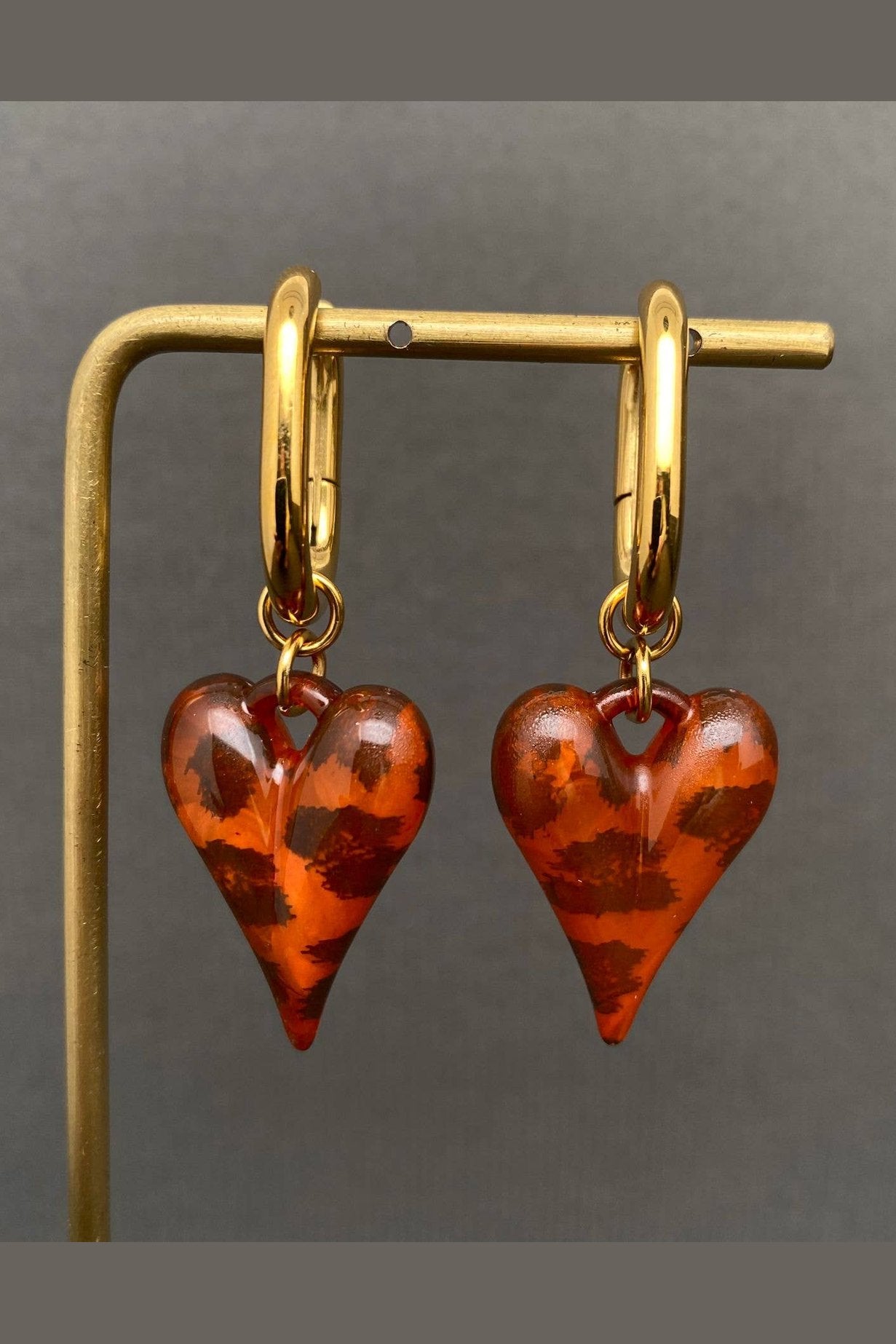 Sasha Acrylic Leopard Heart 18K Gold Plated Stainless Steel Huggie Earrings, Gold