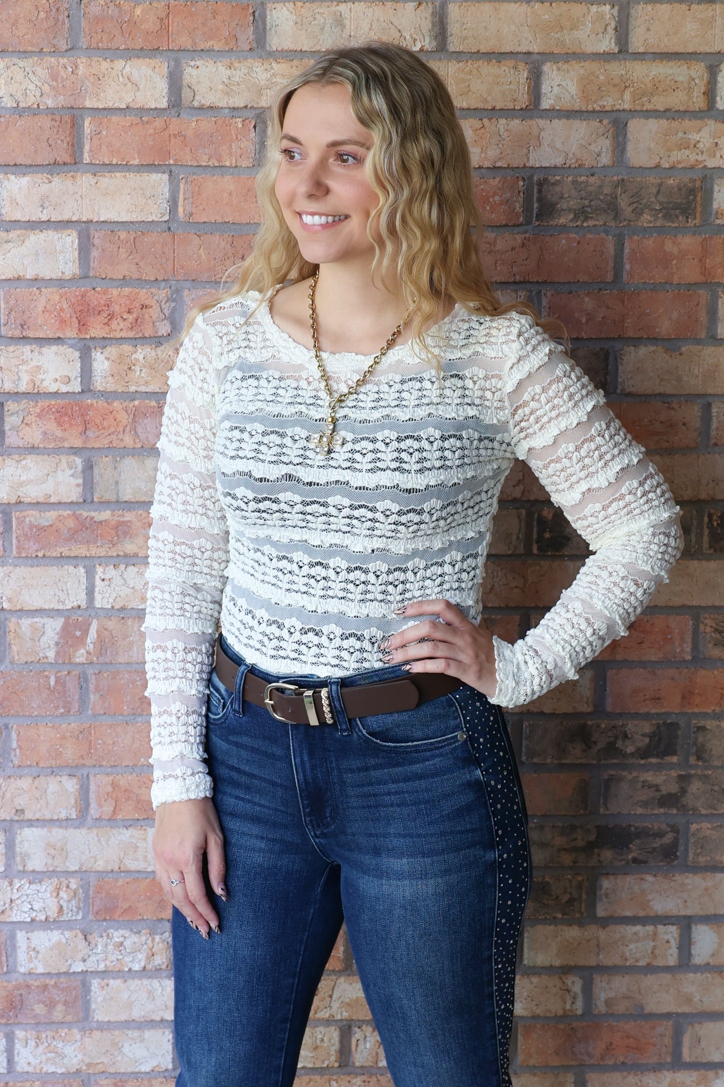 Lady Lux Ruffles Detail Flower Lace Sheer Top, Cream