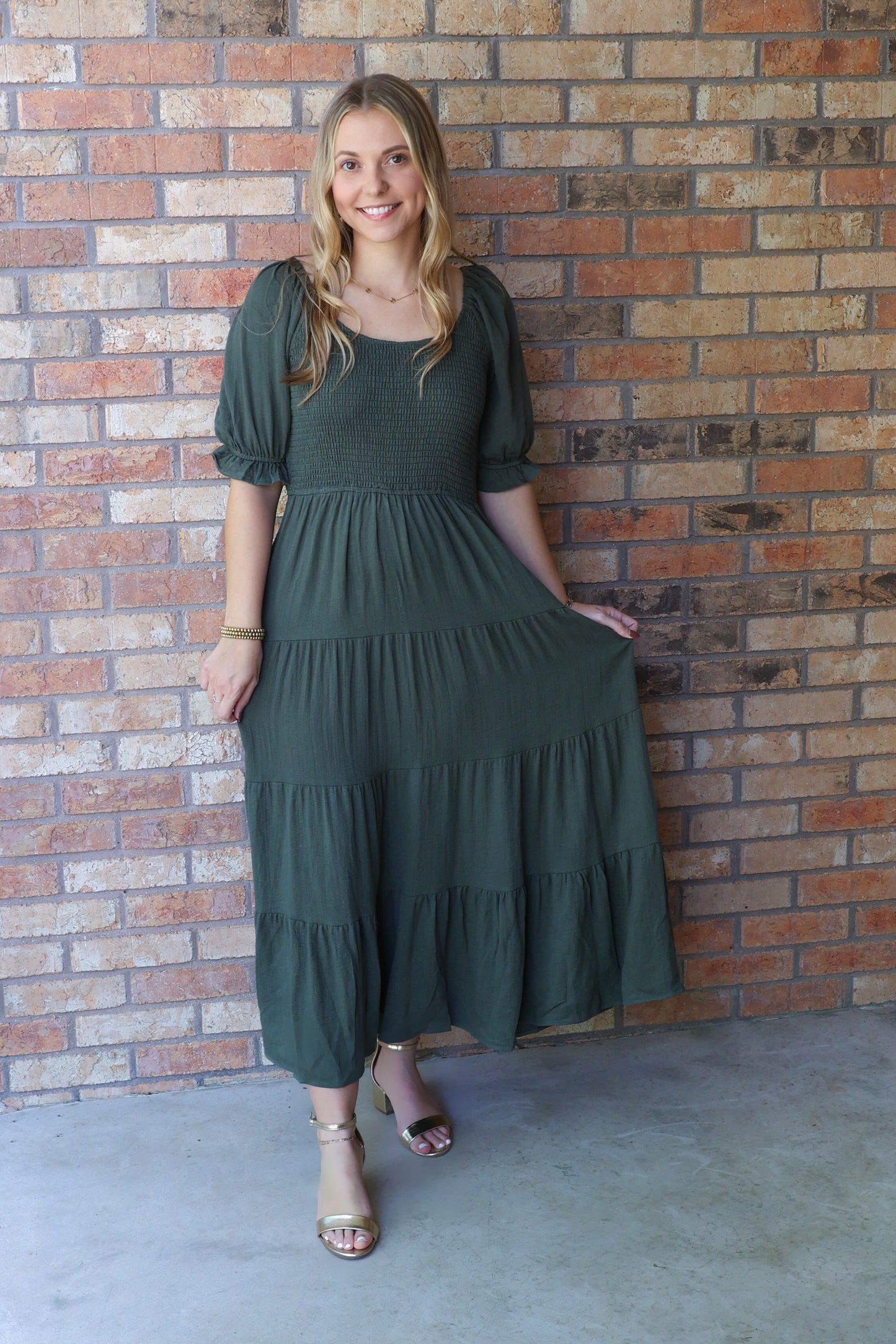 Jolene Smocked Tiered Maxi Dress, Forest Green