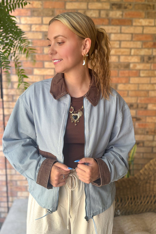 The Scenic Route Contrast Trim Western Utility Jacket, Dusty Blue