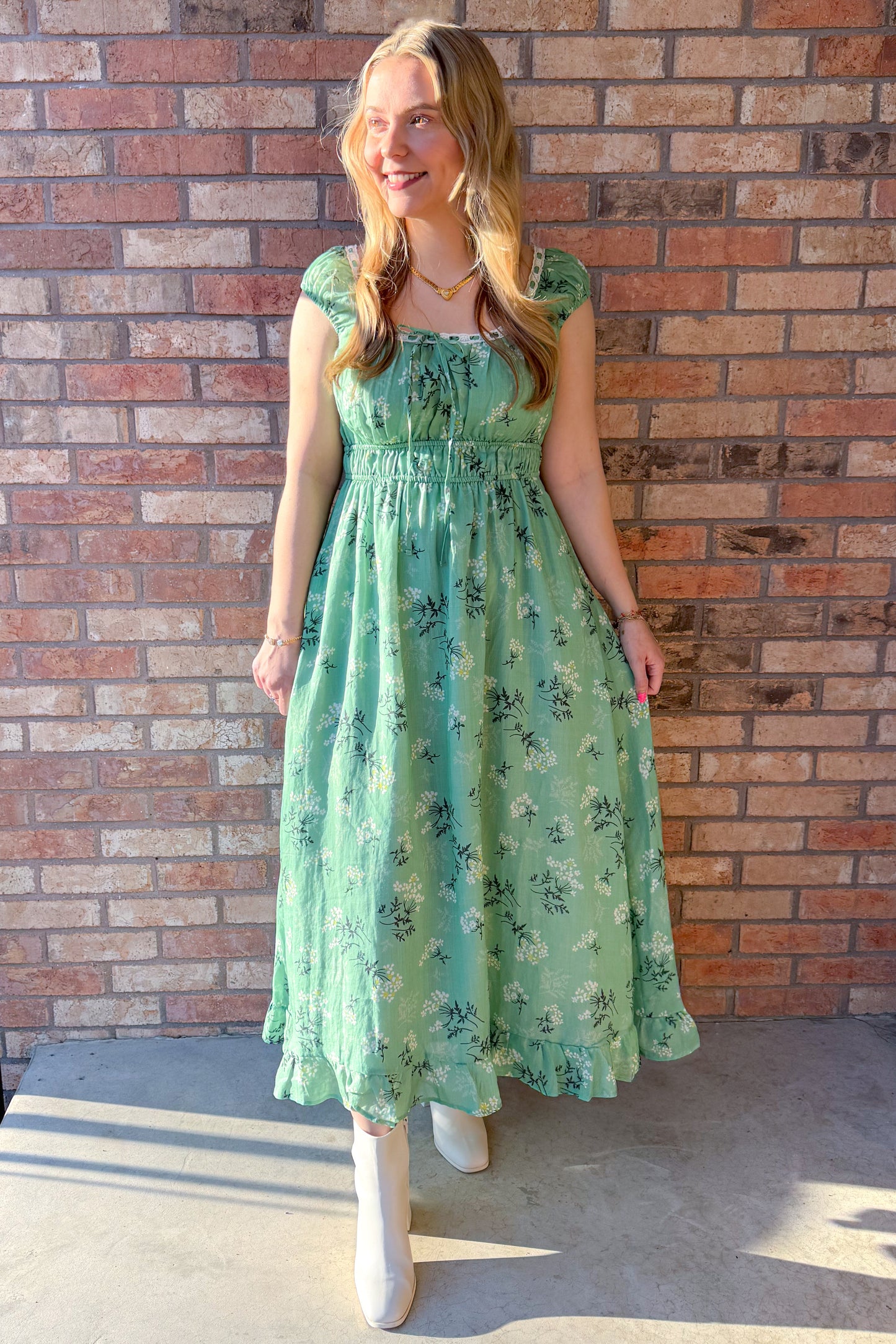 Blooming With Grace Cotton Floral Ruched Maxi Dress, Eucalyptus