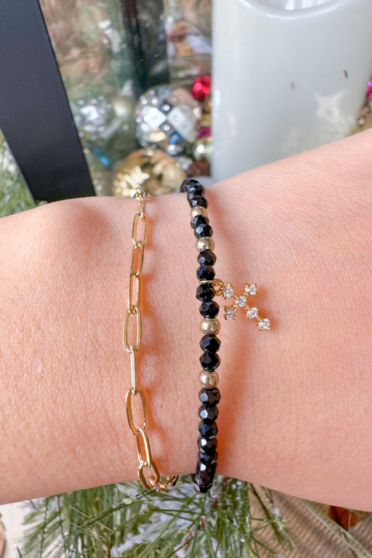 Studded Cross Charm Layered Bracelet, Black