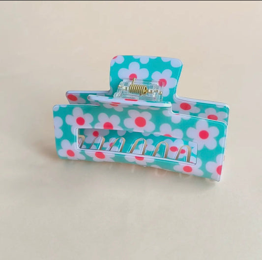 Flower Floral Print Hair Claw Clip, Blue