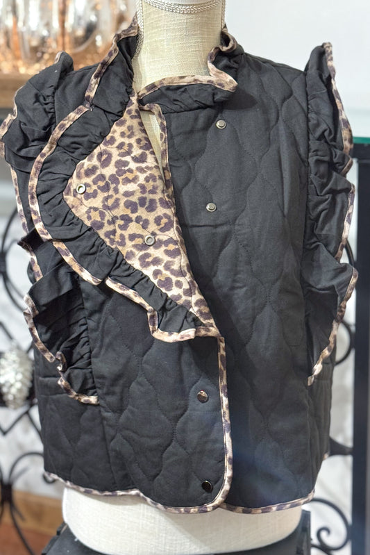 She Reigns Leopard Trim Quilted Ruffle Vest, Black