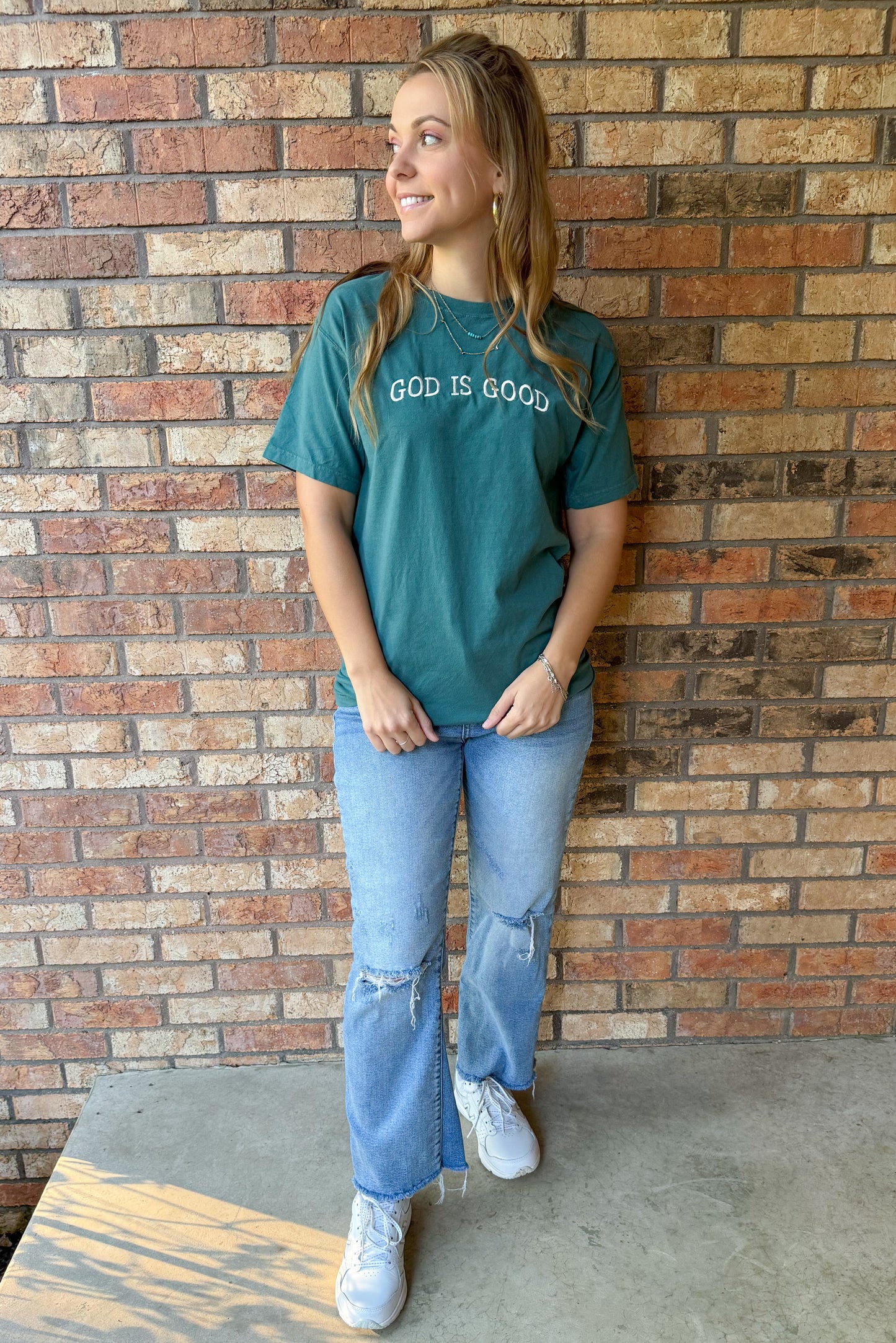 God Is Good Embroidered Tee, Cactus