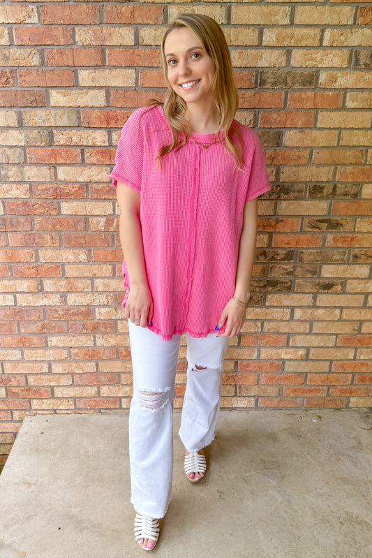 Laney Oversized Washed Waffle Top, Pink
