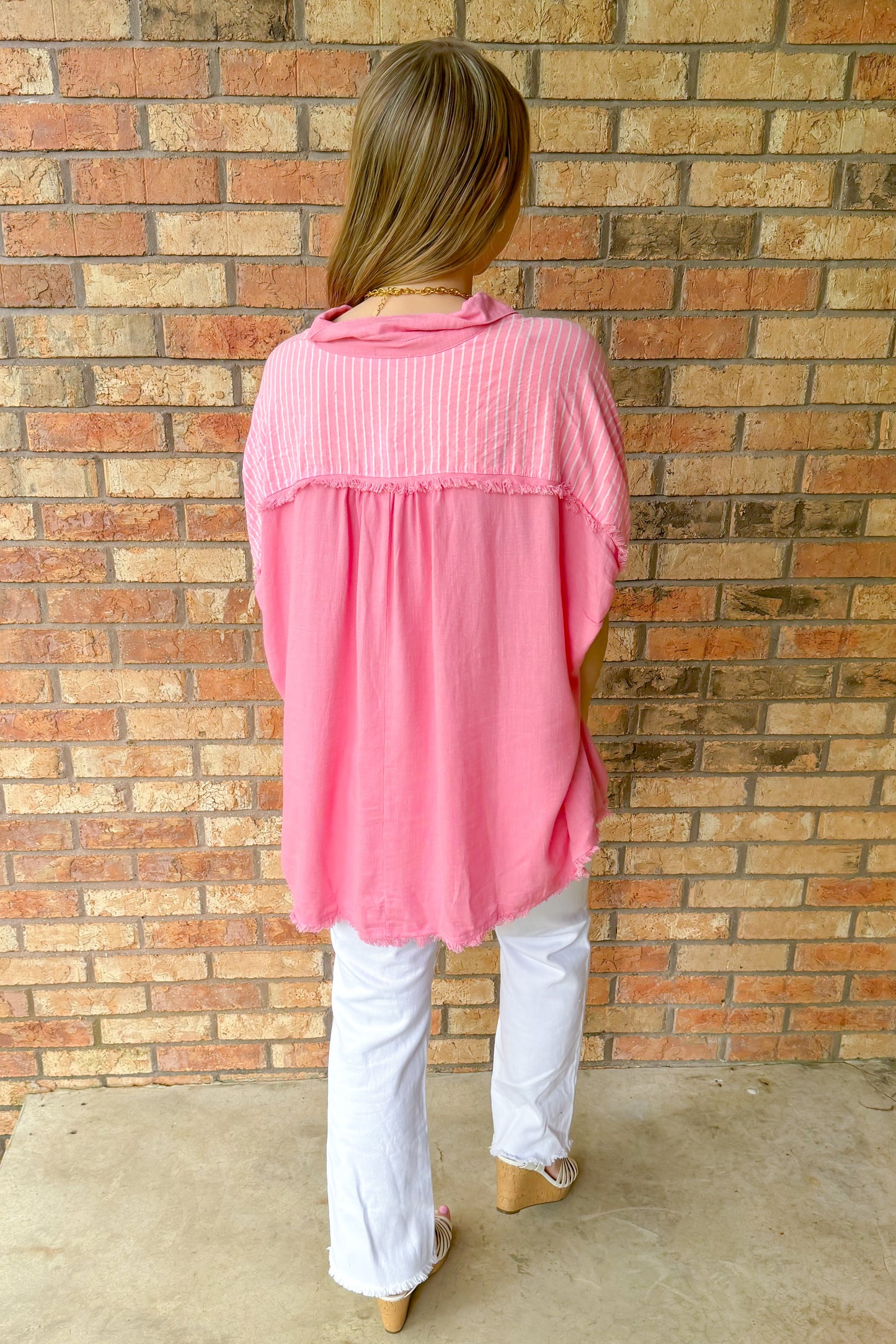 Taking Chances Oversized Button Down Stripped Top, Bubblegum