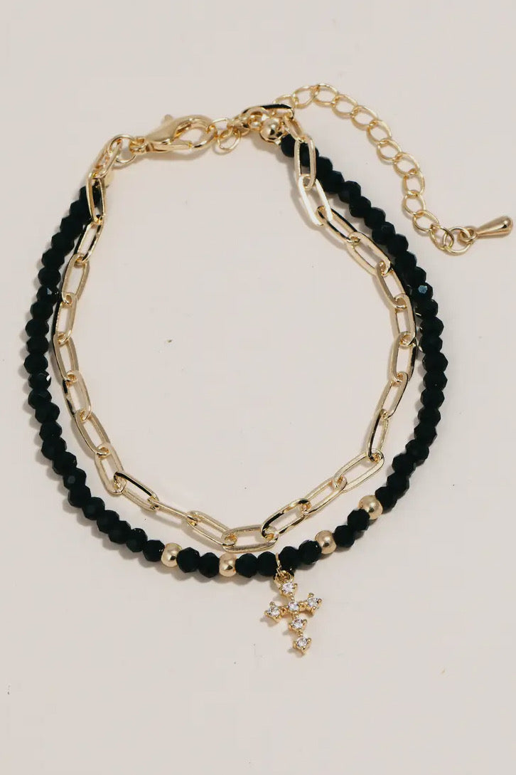 Studded Cross Charm Layered Bracelet, Black