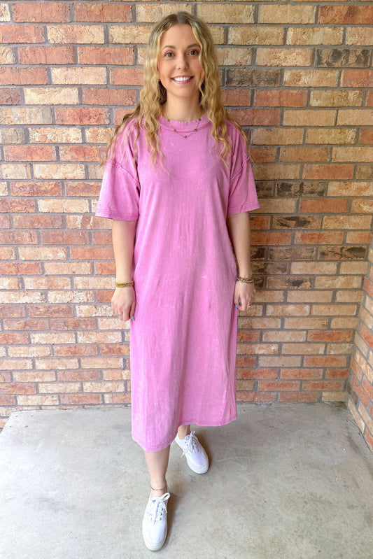 Carefree Mineral Washed Casual Comfy Midi Dress, Orchid