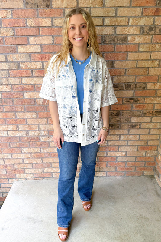 Fresh Start Oversized Crochet Button Down Shirt Top, White