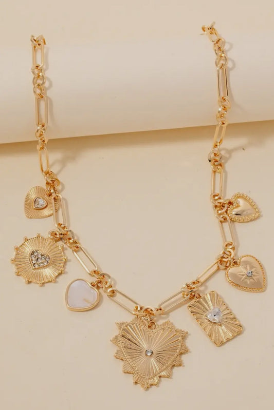 Mixed Studded Metallic Heart Charms Necklace, Gold