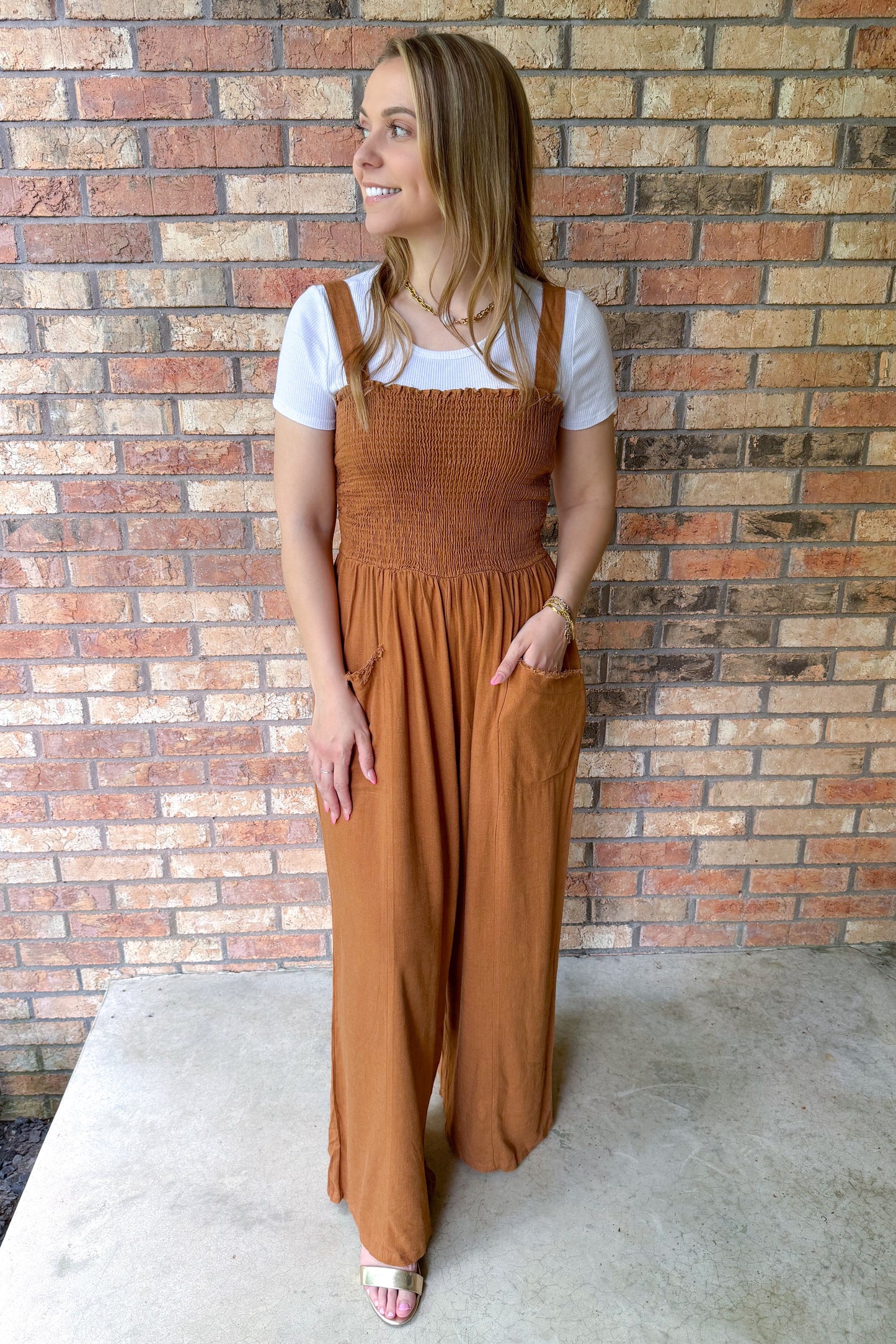 Sweet Paradise Smocked Jumpsuit, Wood