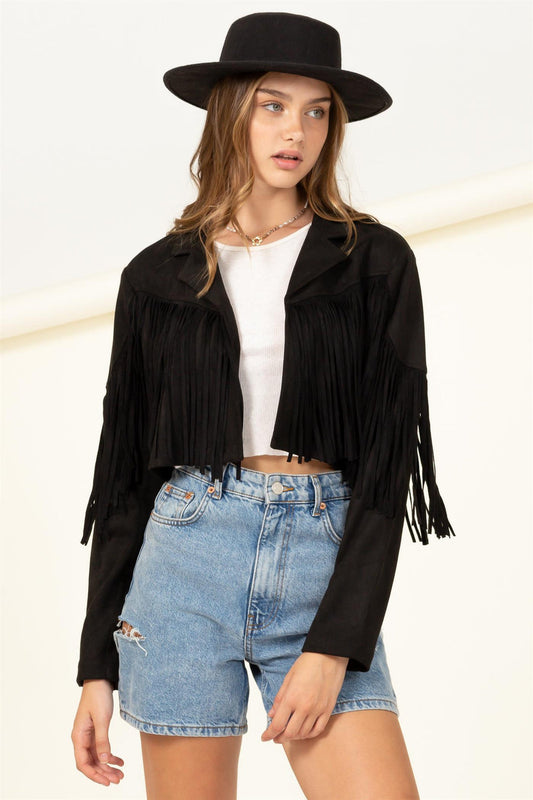 On The Fringe Cropped Suede Jacket, Black