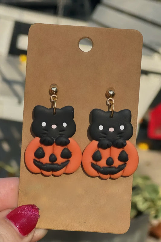 Pumpkin Cat Dangle Earrings